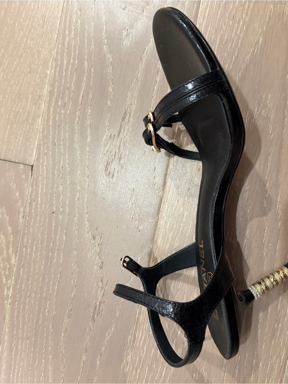 CHANEL Black Leather Open-Toe Heels with Gold-Tone Hardware - Picture 2 of 6